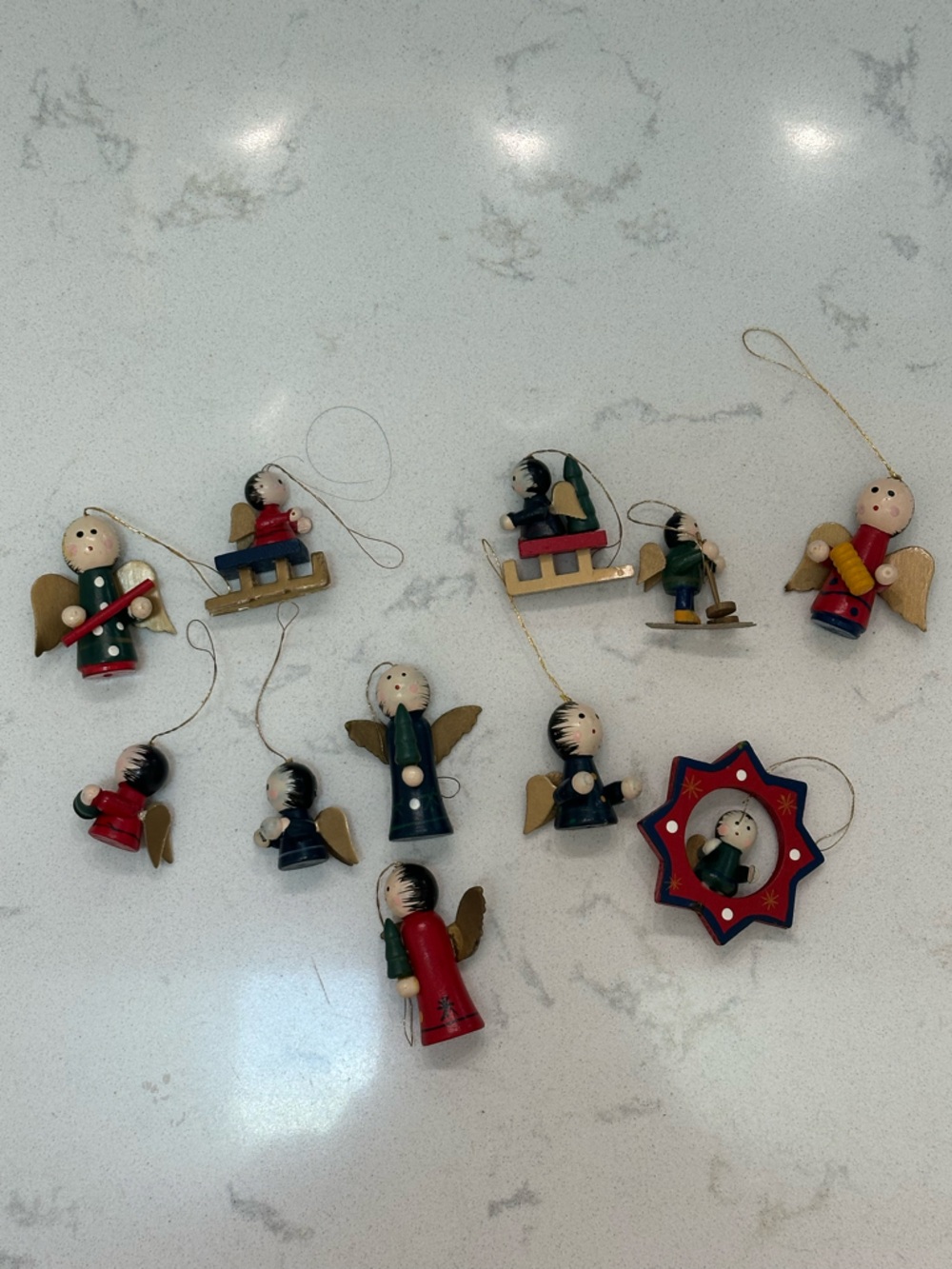 Wooden Angel & Holiday Mini Figurine Ornaments - Red, Green, Blue, Gold